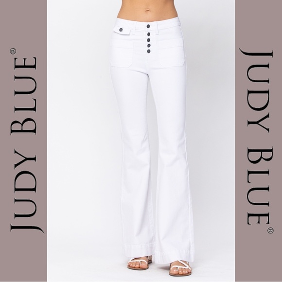 Judy Blue Denim - JUDY BLUE | High Rise Button Fly Patch Pocket Flares - White - NWT